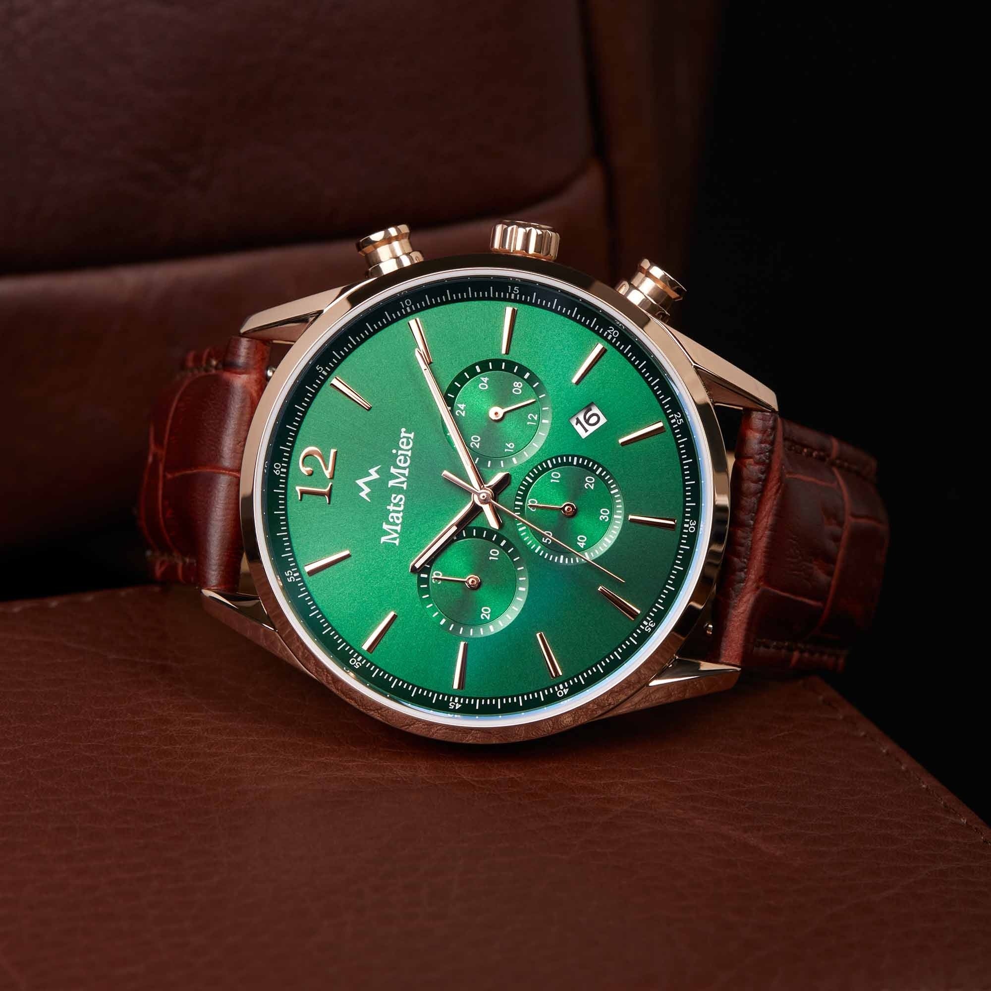 Grand Cornier chronograph mens watch green / rose gold colored / brown