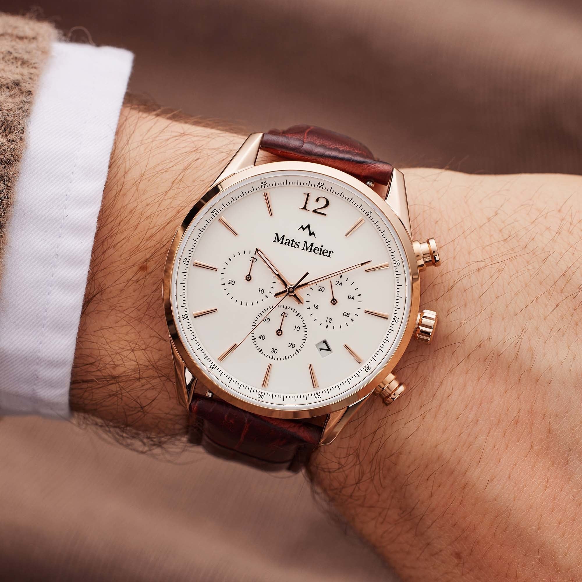 Grand Cornier chronograph mens watch white / rose gold colored / brown