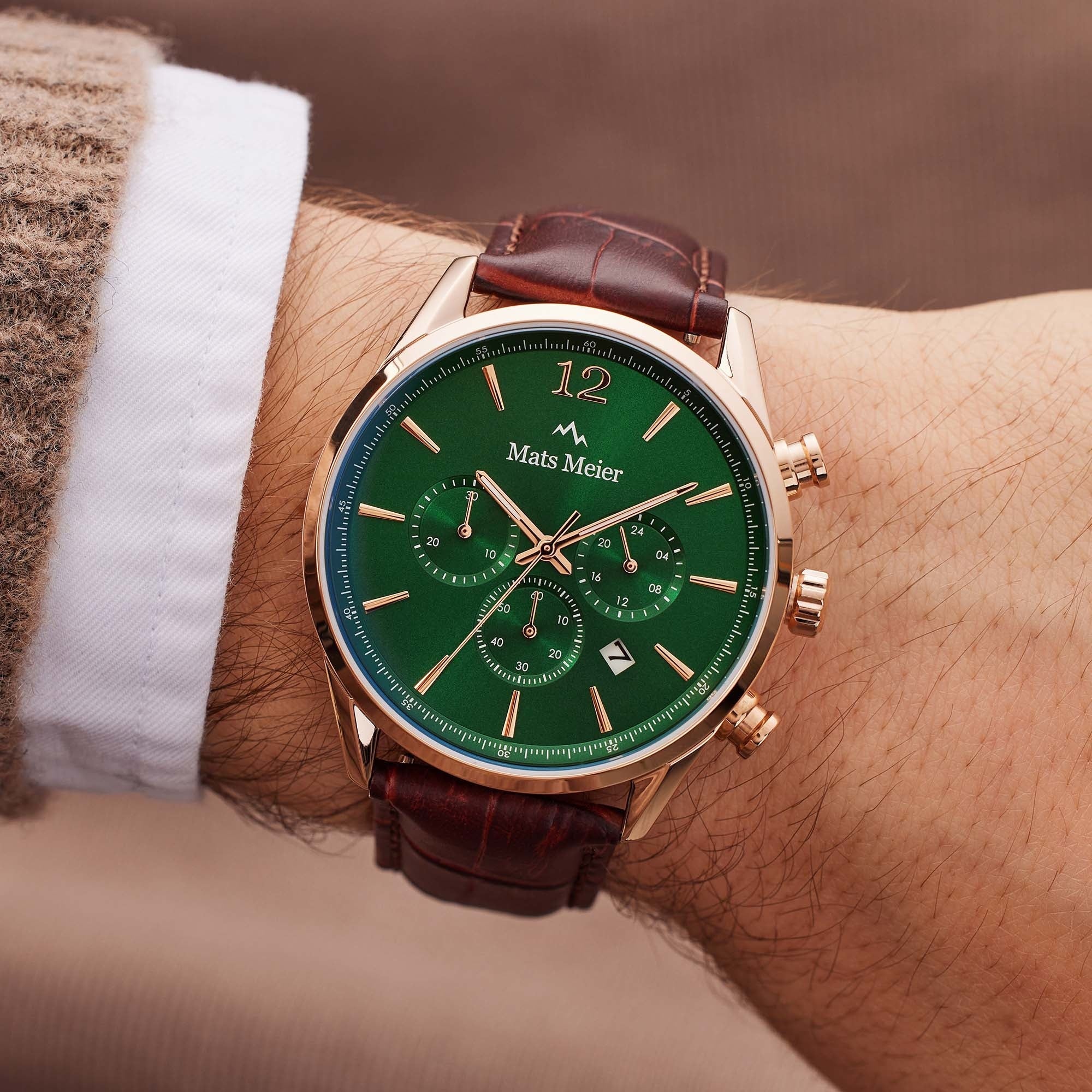 Grand Cornier chronograph mens watch green / rose gold colored / brown
