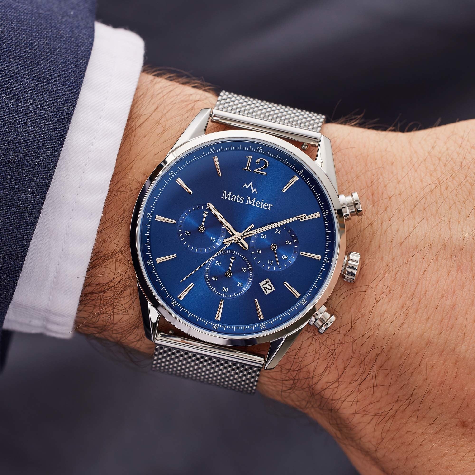 Grand Cornier chronograph mens watch blue / silver colored mesh