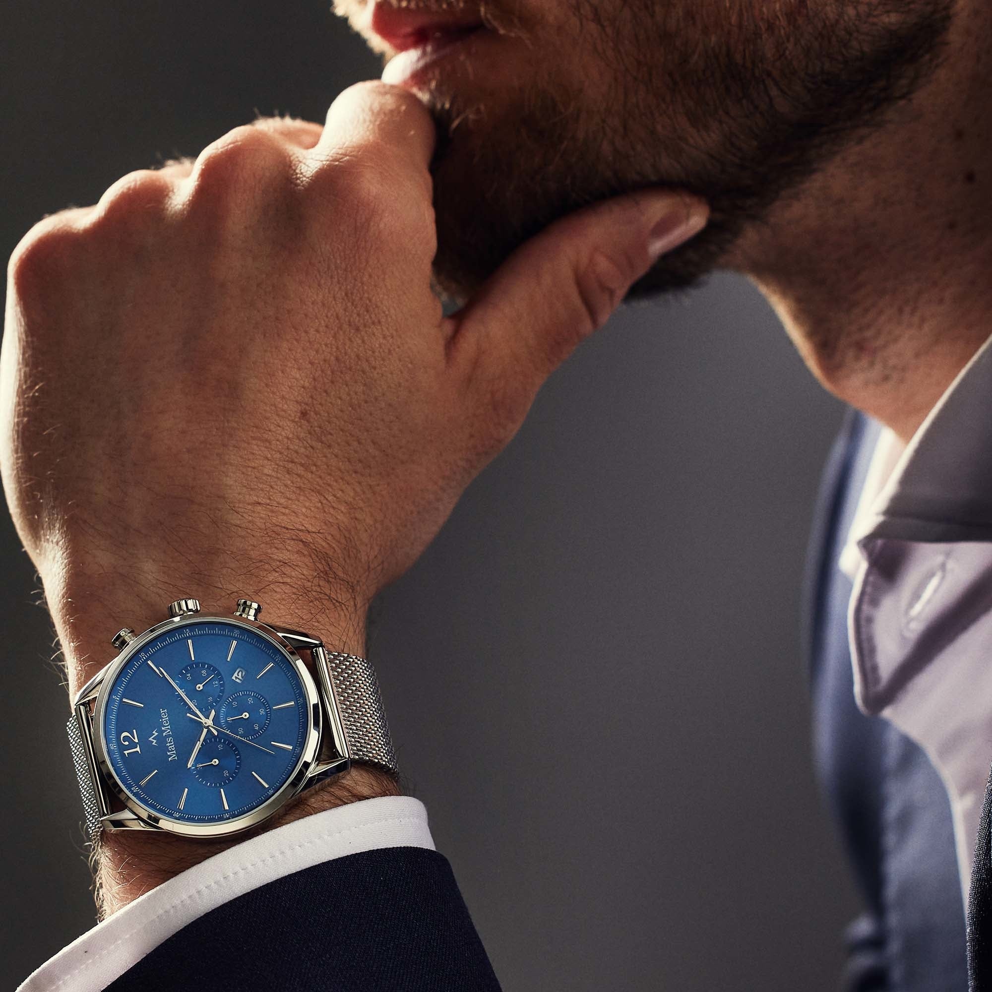 Grand Cornier chronograph mens watch blue / silver colored mesh